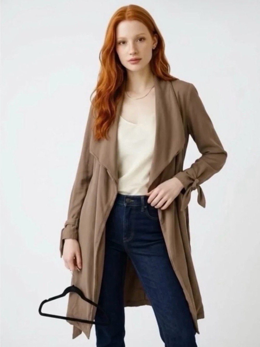 Thread & Supply Taupe Open-Front Tie-Sleeve Trench Coat